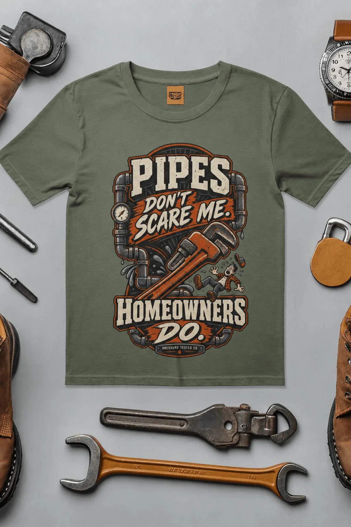 Plumber Humor T-Shirt — “Pipes Don't Scare Me, Homeowners Do” Graphic Pipe Tee — moss t-shirt, flat-lay product photo | Pressure Tested Co