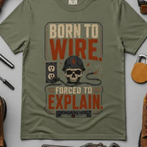 Electrician T-Shirt — "Born to Wire, Forced to Explain" Vintage Skull Tee — moss t-shirt, flat-lay product photo | Pressure Tested Co