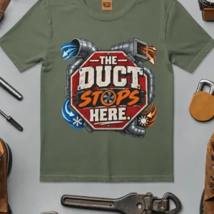 The Duct Stops Here T-Shirt — HVAC Technician Funny Logo Tee — moss t-shirt, flat-lay product photo | Pressure Tested Co