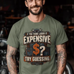 Sarcastic T-Shirt — "If You Think Labor Is Expensive, Try Guessing" Vintage Trades Tee — moss t-shirt, model photo | Pressure Tested Co