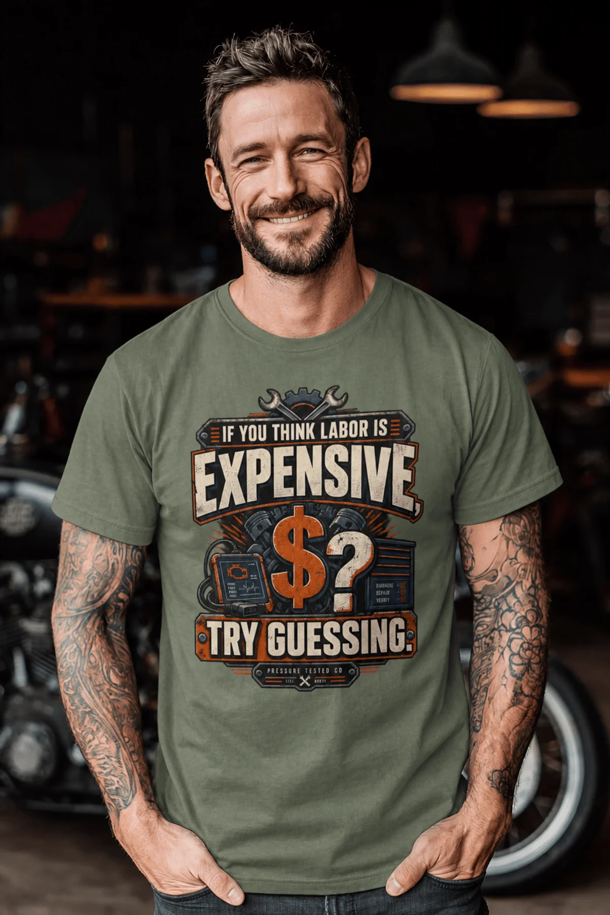 Sarcastic T-Shirt — "If You Think Labor Is Expensive, Try Guessing" Vintage Trades Tee — moss t-shirt, model photo | Pressure Tested Co