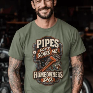 Plumber Humor T-Shirt — “Pipes Don't Scare Me, Homeowners Do” Graphic Pipe Tee — moss t-shirt, model photo | Pressure Tested Co