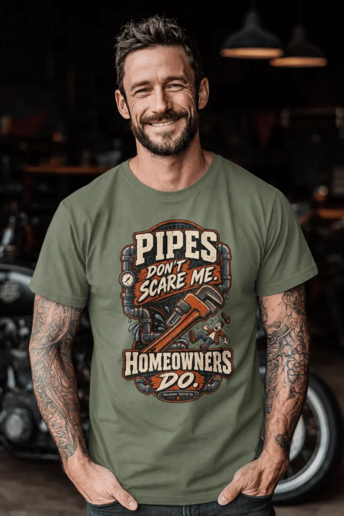 Plumber Humor T-Shirt — “Pipes Don't Scare Me, Homeowners Do” Graphic Pipe Tee — moss t-shirt, model photo | Pressure Tested Co