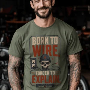Electrician T-Shirt — "Born to Wire, Forced to Explain" Vintage Skull Tee — moss t-shirt, model photo | Pressure Tested Co