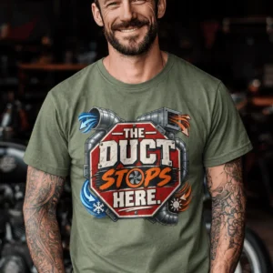 The Duct Stops Here T-Shirt — HVAC Technician Funny Logo Tee — moss t-shirt, model photo | Pressure Tested Co
