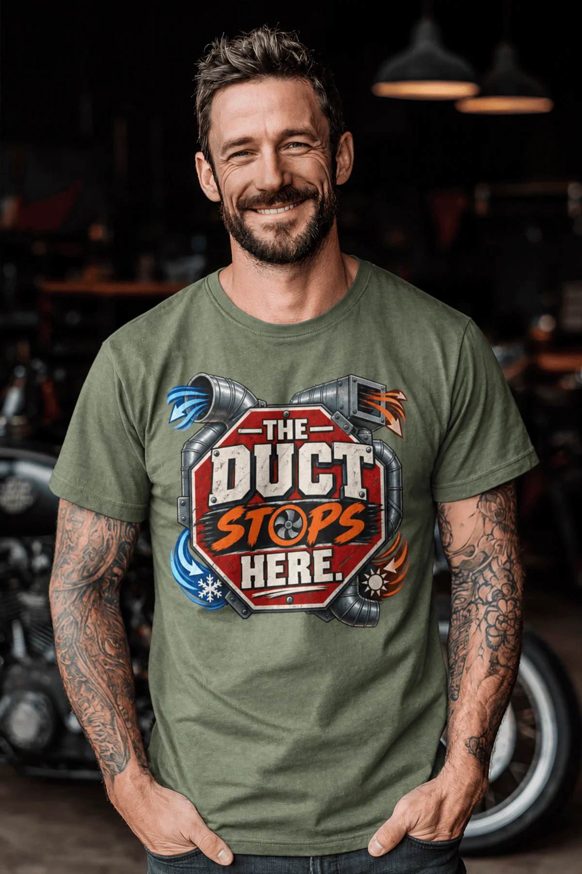The Duct Stops Here T-Shirt — HVAC Technician Funny Logo Tee — moss t-shirt, model photo | Pressure Tested Co