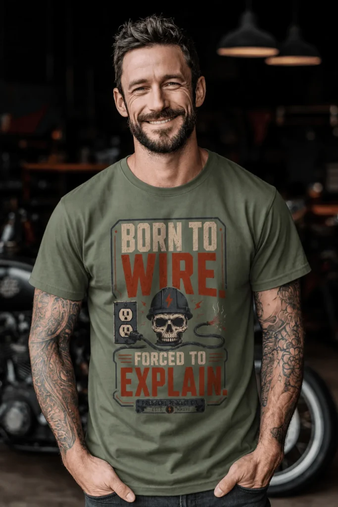 Electrician T-Shirt — "Born to Wire, Forced to Explain" Vintage Skull Tee — moss t-shirt, model photo | Pressure Tested Co