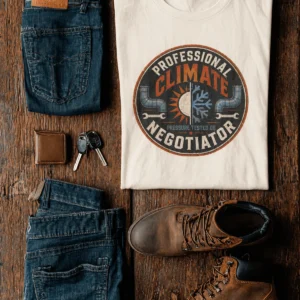 Funny HVAC Shirt, "Professional Climate Negotiator" T-Shirt – HVAC Service Tech Badge Design — natural t-shirt, flat-lay product photo | Pressure Tested Co