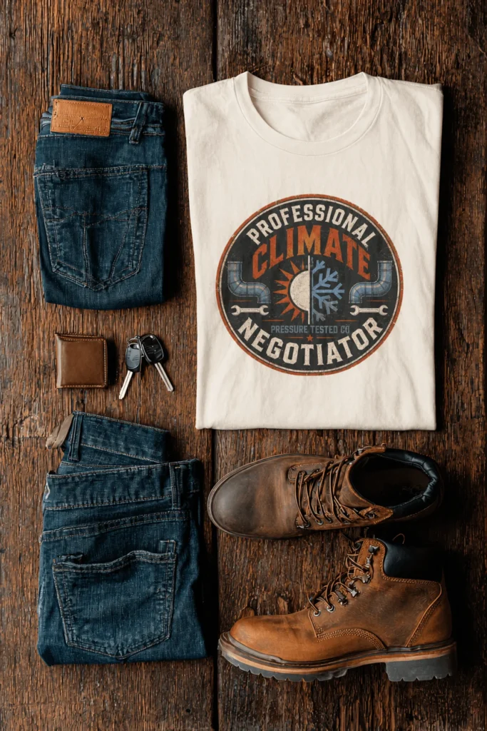 Funny HVAC Shirt, "Professional Climate Negotiator" T-Shirt – HVAC Service Tech Badge Design — natural t-shirt, flat-lay product photo | Pressure Tested Co