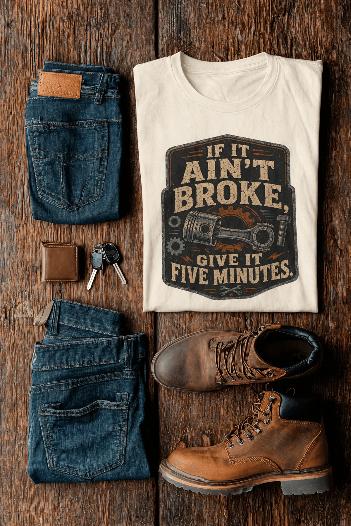 T-Shirt — "If It Ain't Broke, Give It Five Minutes" Vintage Mechanic Tee — natural t-shirt, flat-lay product photo | Pressure Tested Co