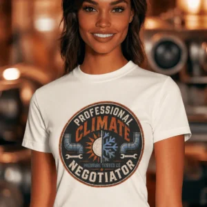 Funny HVAC Shirt, "Professional Climate Negotiator" T-Shirt – HVAC Service Tech Badge Design — natural t-shirt, model photo | Pressure Tested Co
