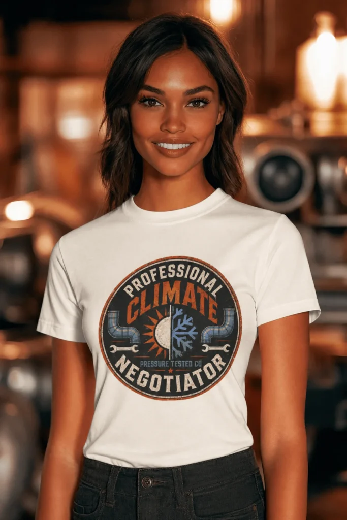 Funny HVAC Shirt, "Professional Climate Negotiator" T-Shirt – HVAC Service Tech Badge Design — natural t-shirt, model photo | Pressure Tested Co