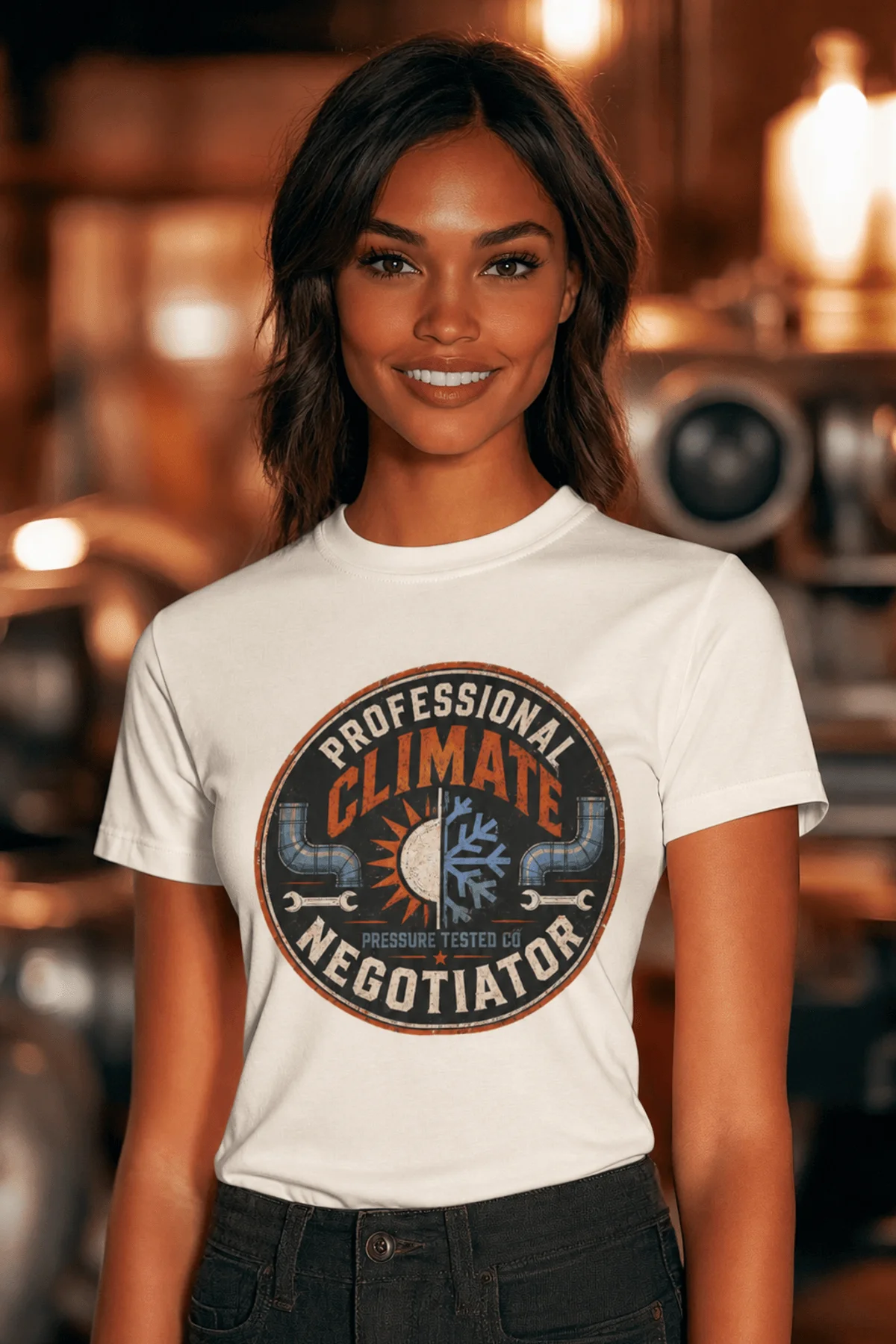 Funny HVAC Shirt, "Professional Climate Negotiator" T-Shirt – HVAC Service Tech Badge Design — natural t-shirt, model photo | Pressure Tested Co