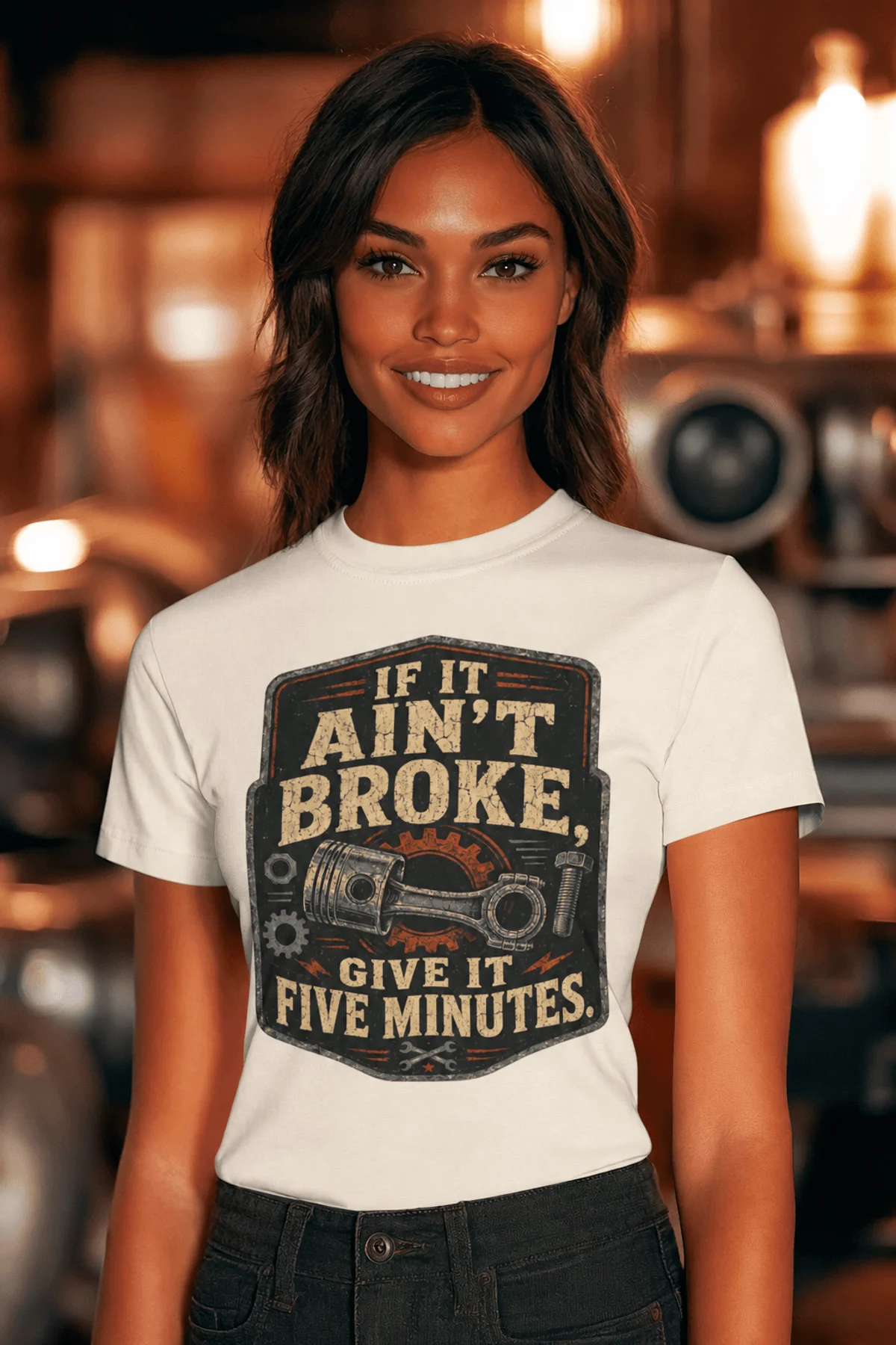 T-Shirt — "If It Ain't Broke, Give It Five Minutes" Vintage Mechanic Tee — natural t-shirt, model photo | Pressure Tested Co