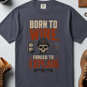 Electrician T-Shirt — "Born to Wire, Forced to Explain" Vintage Skull Tee — navy t-shirt, flat-lay product photo | Pressure Tested Co