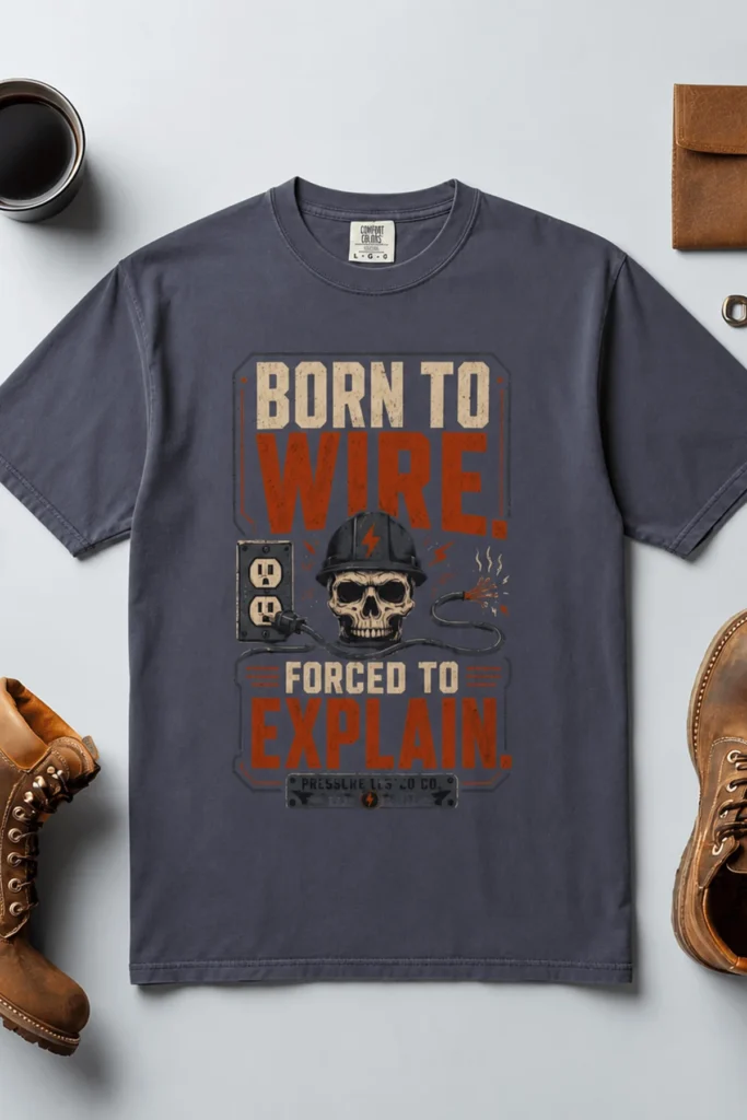 Electrician T-Shirt — "Born to Wire, Forced to Explain" Vintage Skull Tee — navy t-shirt, flat-lay product photo | Pressure Tested Co