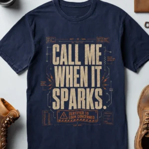 Call Me When It Sparks Graphic Tee — Vintage Industrial Spark Design — navy t-shirt, flat-lay product photo | Pressure Tested Co