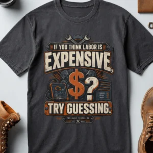 Sarcastic T-Shirt — "If You Think Labor Is Expensive, Try Guessing" Vintage Trades Tee — navy t-shirt, flat-lay product photo | Pressure Tested Co