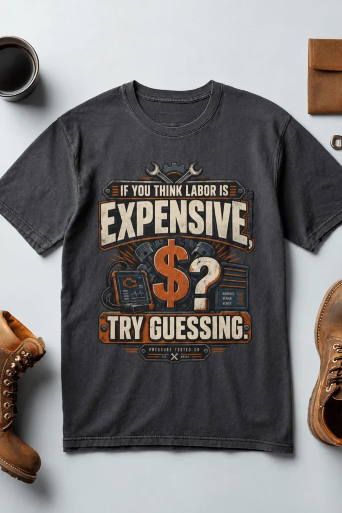 Sarcastic T-Shirt — "If You Think Labor Is Expensive, Try Guessing" Vintage Trades Tee — navy t-shirt, flat-lay product photo | Pressure Tested Co