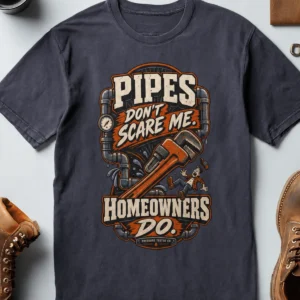 Plumber Humor T-Shirt — “Pipes Don't Scare Me, Homeowners Do” Graphic Pipe Tee — navy t-shirt, flat-lay product photo | Pressure Tested Co