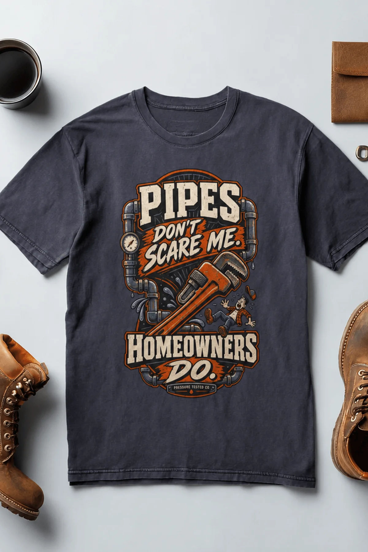 Plumber Humor T-Shirt — “Pipes Don't Scare Me, Homeowners Do” Graphic Pipe Tee — navy t-shirt, flat-lay product photo | Pressure Tested Co