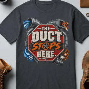 The Duct Stops Here T-Shirt — HVAC Technician Funny Logo Tee — navy t-shirt, flat-lay product photo | Pressure Tested Co