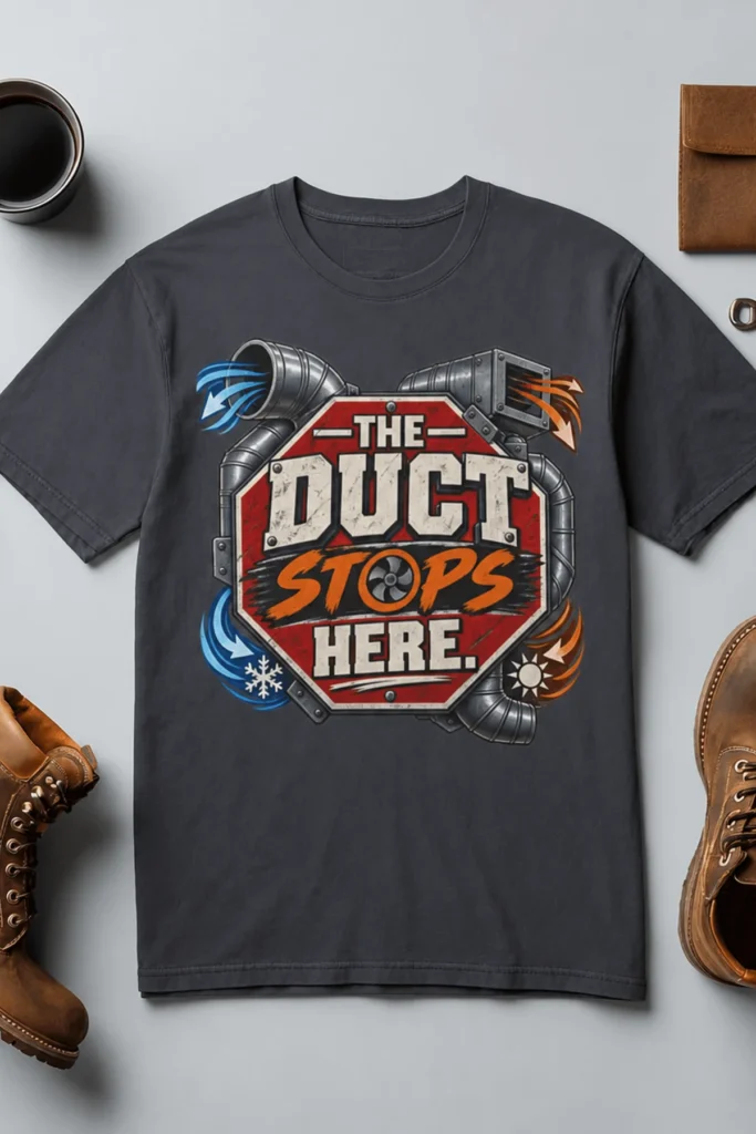 The Duct Stops Here T-Shirt — HVAC Technician Funny Logo Tee — navy t-shirt, flat-lay product photo | Pressure Tested Co