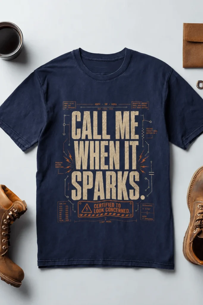 Call Me When It Sparks Graphic Tee — Vintage Industrial Spark Design — navy t-shirt, flat-lay product photo | Pressure Tested Co
