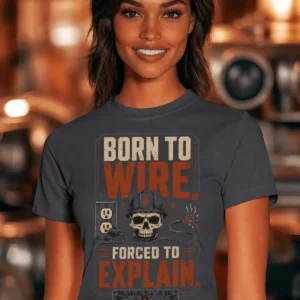 Electrician T-Shirt — "Born to Wire, Forced to Explain" Vintage Skull Tee — navy t-shirt, model photo | Pressure Tested Co