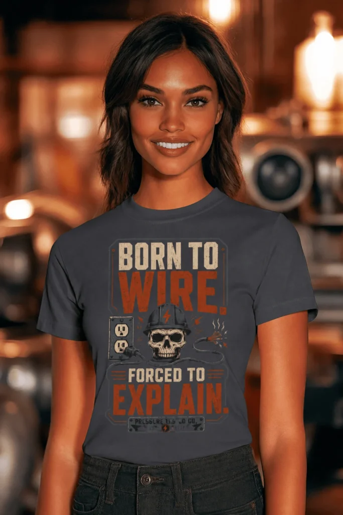 Electrician T-Shirt — "Born to Wire, Forced to Explain" Vintage Skull Tee — navy t-shirt, model photo | Pressure Tested Co