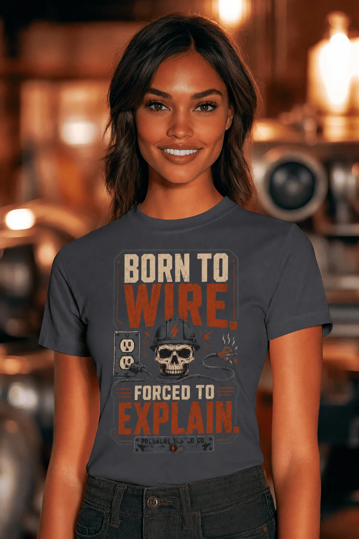 Electrician T-Shirt — "Born to Wire, Forced to Explain" Vintage Skull Tee — navy t-shirt, model photo | Pressure Tested Co