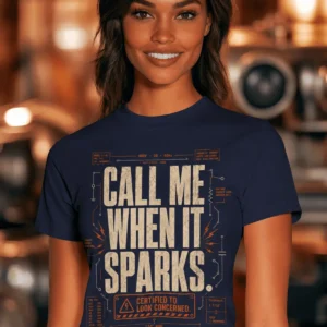 Call Me When It Sparks Graphic Tee — Vintage Industrial Spark Design — navy t-shirt, model photo | Pressure Tested Co