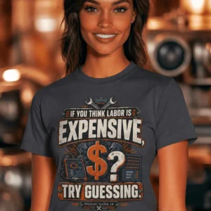 Sarcastic T-Shirt — "If You Think Labor Is Expensive, Try Guessing" Vintage Trades Tee — navy t-shirt, model photo | Pressure Tested Co