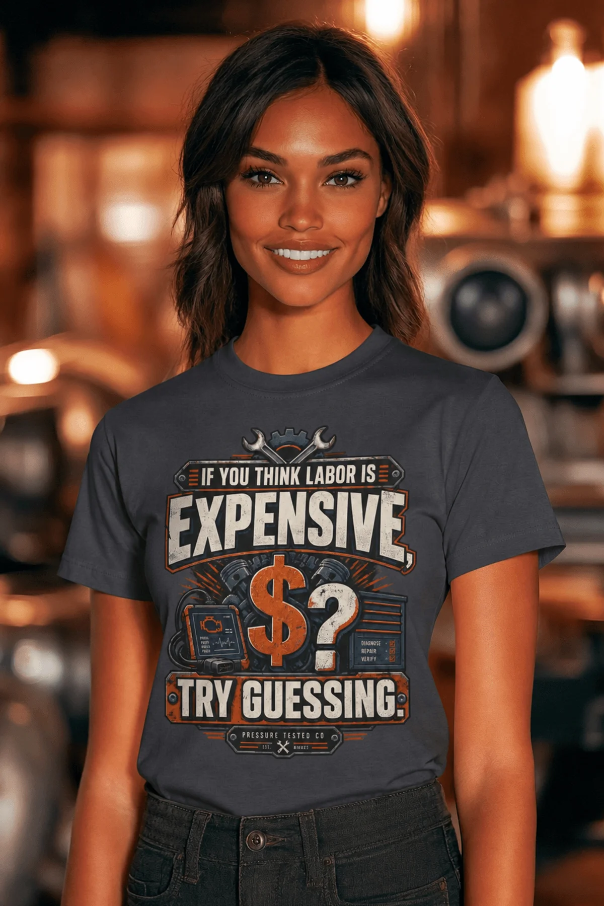 Sarcastic T-Shirt — "If You Think Labor Is Expensive, Try Guessing" Vintage Trades Tee — navy t-shirt, model photo | Pressure Tested Co