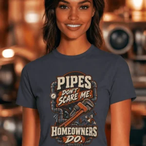 Plumber Humor T-Shirt — “Pipes Don't Scare Me, Homeowners Do” Graphic Pipe Tee — navy t-shirt, model photo | Pressure Tested Co
