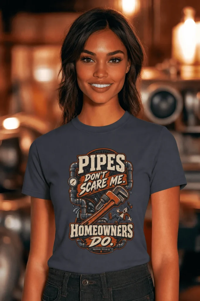 Plumber Humor T-Shirt — “Pipes Don't Scare Me, Homeowners Do” Graphic Pipe Tee — navy t-shirt, model photo | Pressure Tested Co
