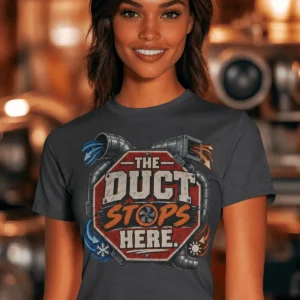 The Duct Stops Here T-Shirt — HVAC Technician Funny Logo Tee — navy t-shirt, model photo | Pressure Tested Co