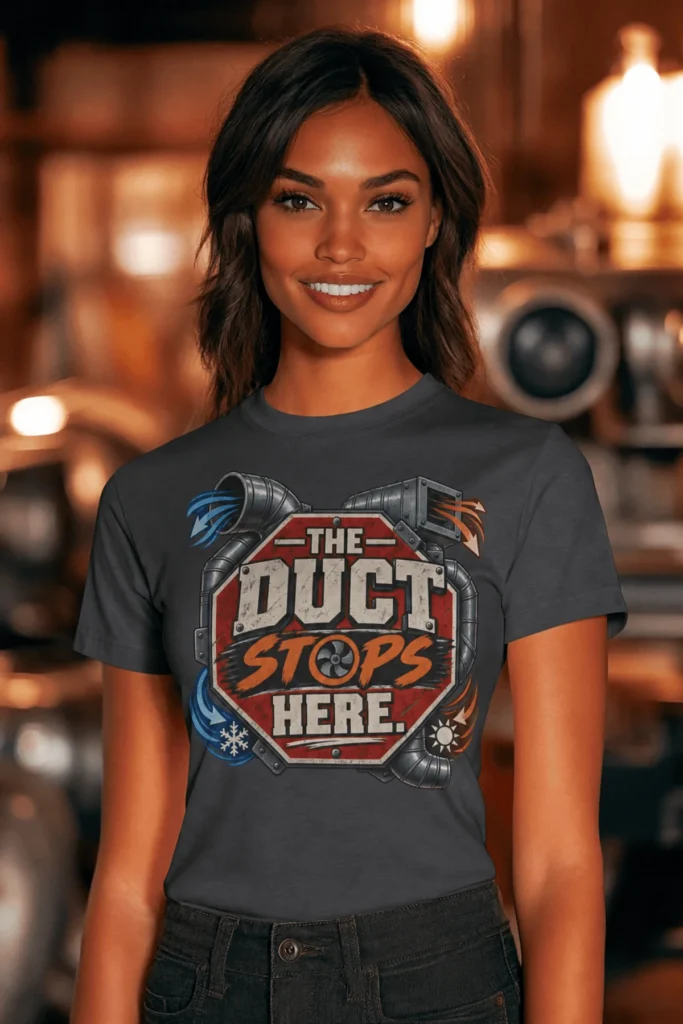 The Duct Stops Here T-Shirt — HVAC Technician Funny Logo Tee — navy t-shirt, model photo | Pressure Tested Co