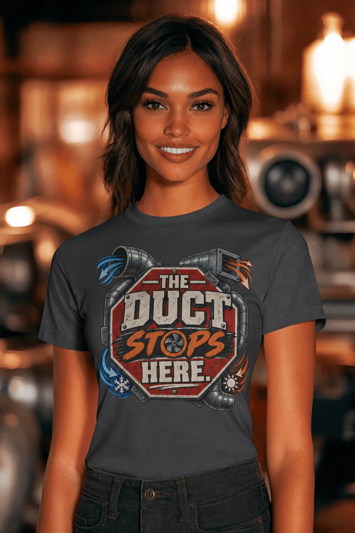 The Duct Stops Here T-Shirt — HVAC Technician Funny Logo Tee — navy t-shirt, model photo | Pressure Tested Co