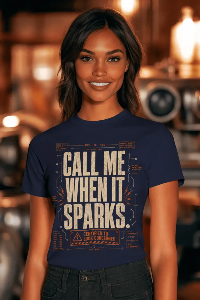 Call Me When It Sparks Graphic Tee — Vintage Industrial Spark Design — navy t-shirt, model photo | Pressure Tested Co