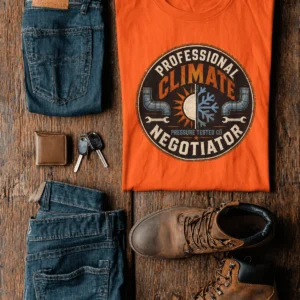 Funny HVAC Shirt, "Professional Climate Negotiator" T-Shirt – HVAC Service Tech Badge Design — orange t-shirt, flat-lay product photo | Pressure Tested Co