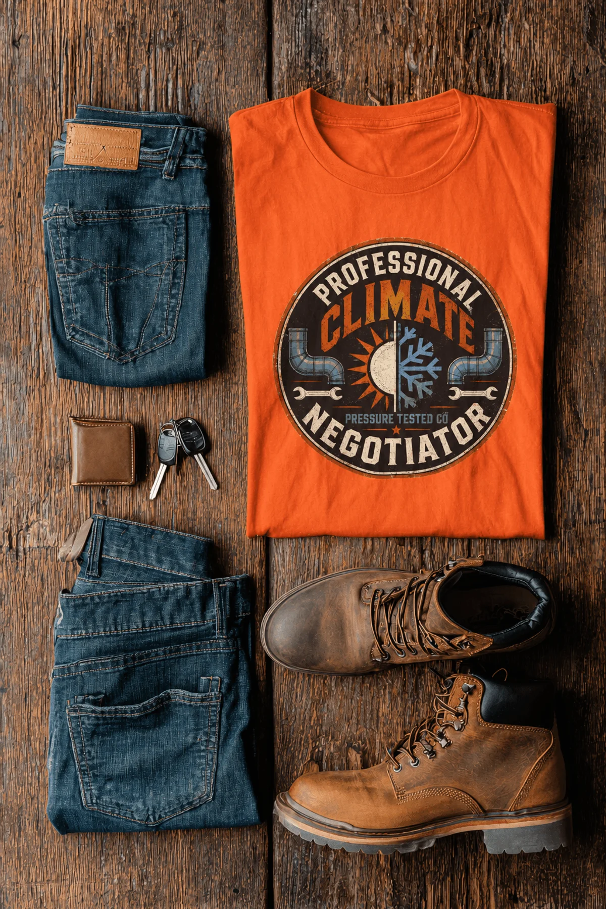 Funny HVAC Shirt, "Professional Climate Negotiator" T-Shirt – HVAC Service Tech Badge Design — orange t-shirt, flat-lay product photo | Pressure Tested Co