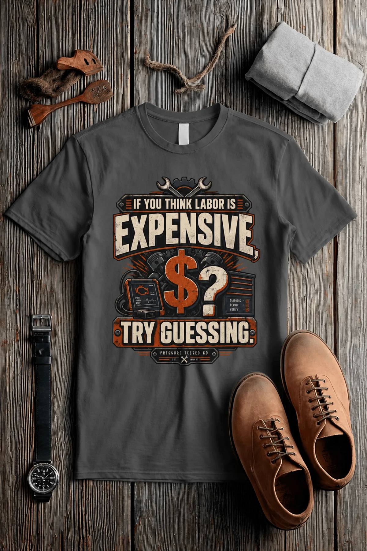 Sarcastic T-Shirt — "If You Think Labor Is Expensive, Try Guessing" Vintage Trades Tee — pepper t-shirt, flat-lay product photo | Pressure Tested Co