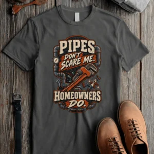 Plumber Humor T-Shirt — “Pipes Don't Scare Me, Homeowners Do” Graphic Pipe Tee — pepper t-shirt, flat-lay product photo | Pressure Tested Co