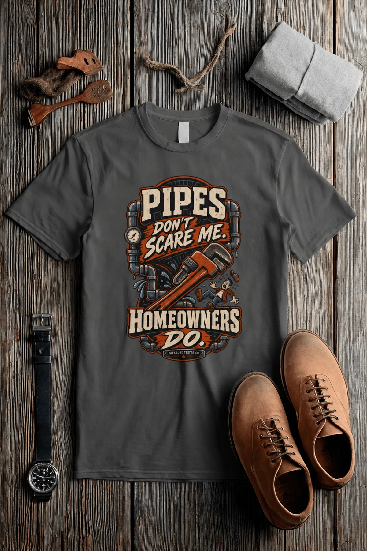 Plumber Humor T-Shirt — “Pipes Don't Scare Me, Homeowners Do” Graphic Pipe Tee — pepper t-shirt, flat-lay product photo | Pressure Tested Co