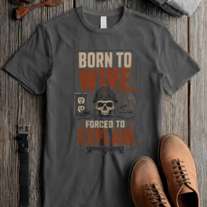 Electrician T-Shirt — "Born to Wire, Forced to Explain" Vintage Skull Tee — pepper t-shirt, flat-lay product photo | Pressure Tested Co