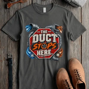 The Duct Stops Here T-Shirt — HVAC Technician Funny Logo Tee — pepper t-shirt, flat-lay product photo | Pressure Tested Co