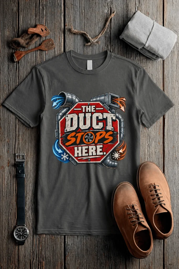 The Duct Stops Here T-Shirt — HVAC Technician Funny Logo Tee — pepper t-shirt, flat-lay product photo | Pressure Tested Co