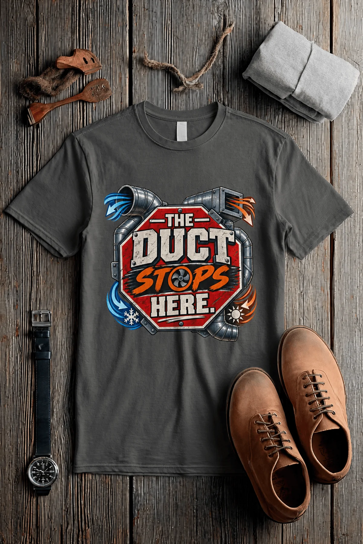 The Duct Stops Here T-Shirt — HVAC Technician Funny Logo Tee — pepper t-shirt, flat-lay product photo | Pressure Tested Co