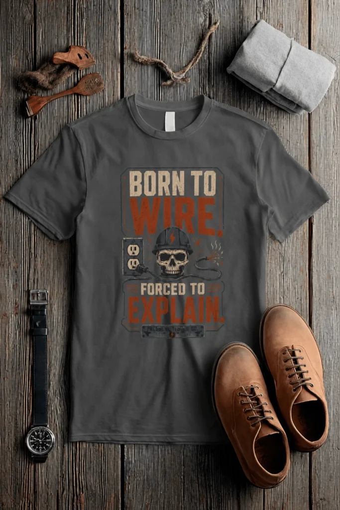 Electrician T-Shirt — "Born to Wire, Forced to Explain" Vintage Skull Tee — pepper t-shirt, flat-lay product photo | Pressure Tested Co